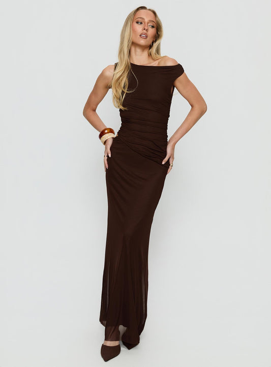 Krystyna Off Shoulder Ruched Maxi Dress Chocolate