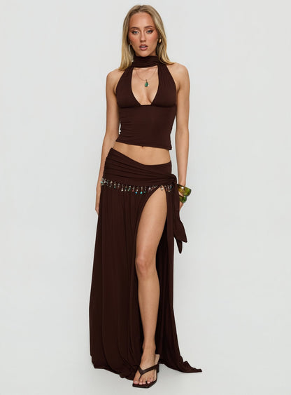 Spirita Beaded Sarong Maxi Skirt Brown