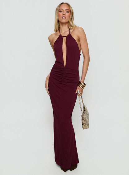 Lyssa Halter Plunge Maxi Dress Plum