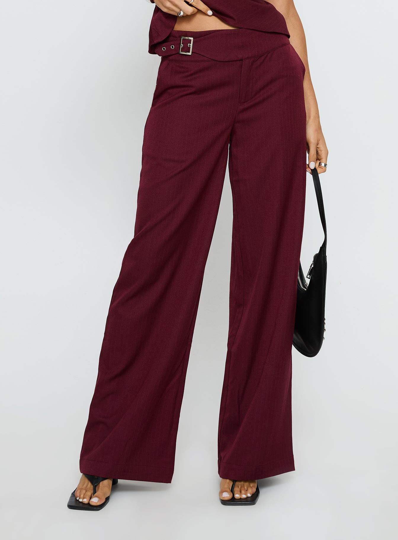 Jinny Relaxed Buckle Tailored Pants Berry Pinstripe