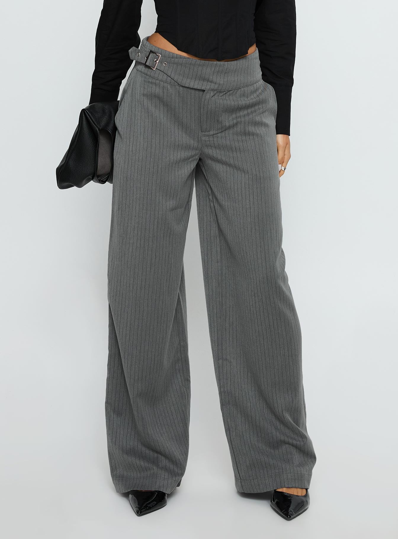 Jinny Relaxed Buckle Tailored Pants Grey Pinstripe