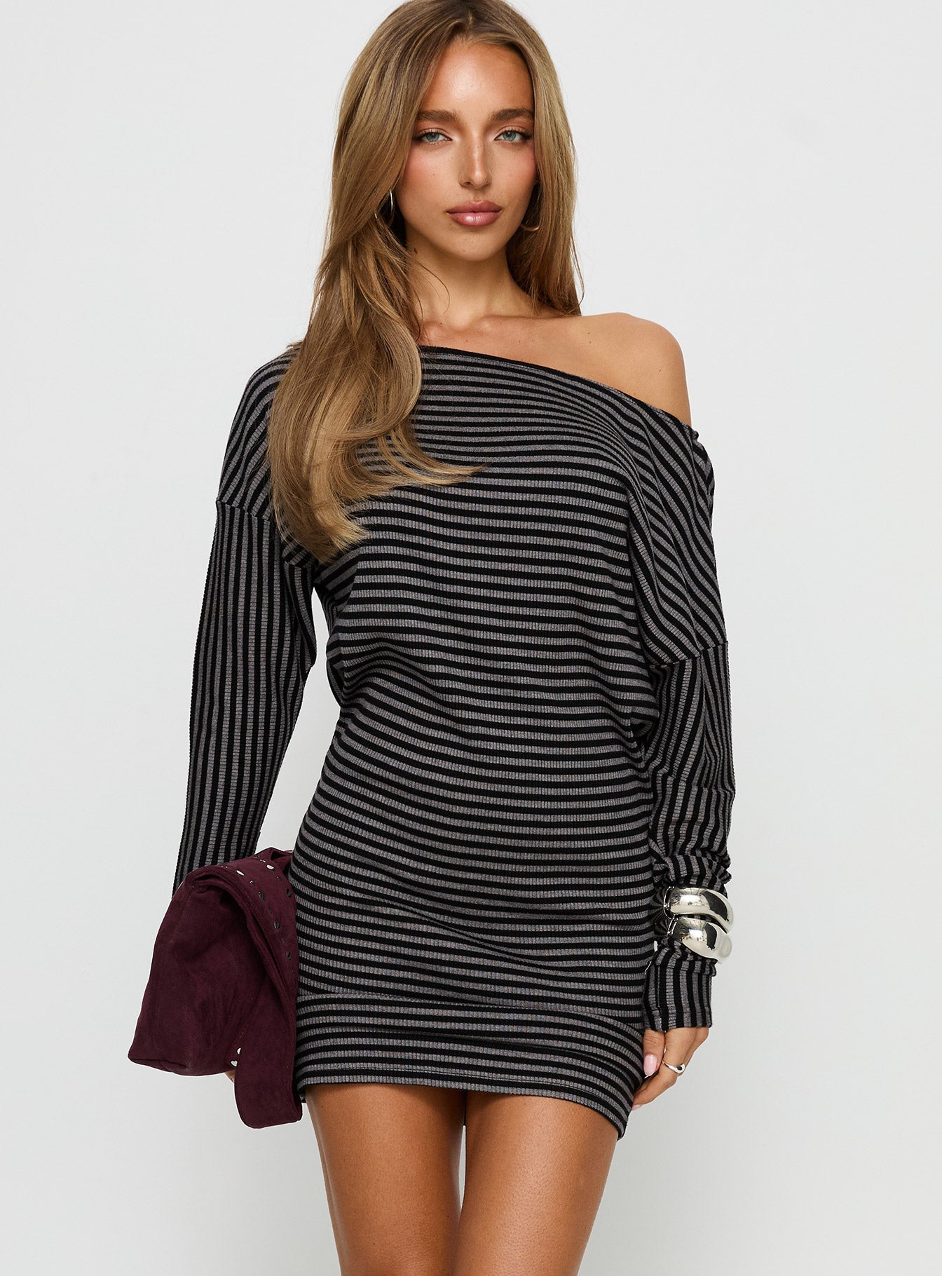 Alayne Long Sleeve Knit Mini Dress Black / Grey Stripe