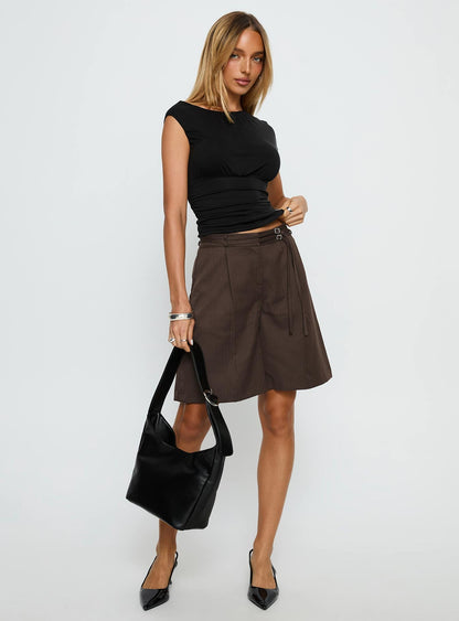 Lorina Tailored Longline Shorts Brown Pinstripe