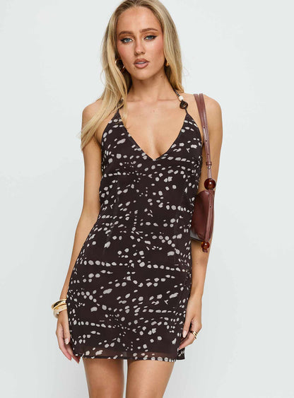 Karysa Halter Beaded Mini Dress Brown Multi