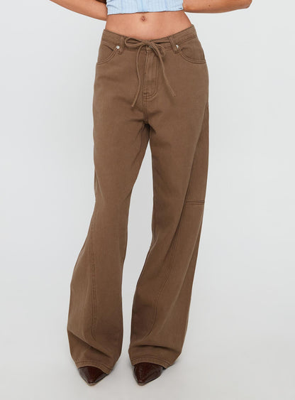 Bruiser Tie Waist Mid Rise Wide Leg Jeans Brown