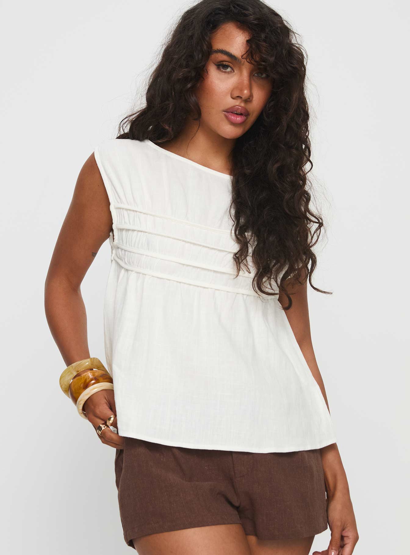 Alorie Textured Linen Blouse Top White
