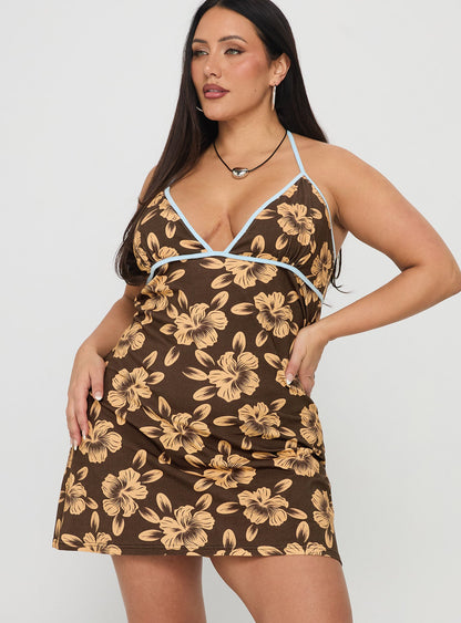 Mishie Halter Mini Dress Brown / Blue Floral Curve