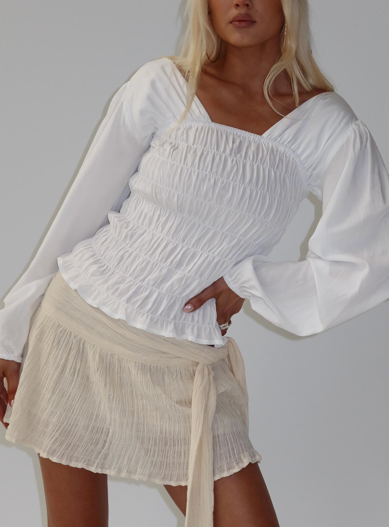 Lynnea Long Sleeve Shirred Top White