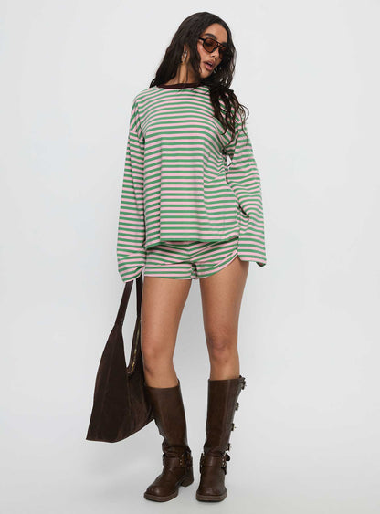 Settle Down Long Sleeve Top Green / Pink Stripe