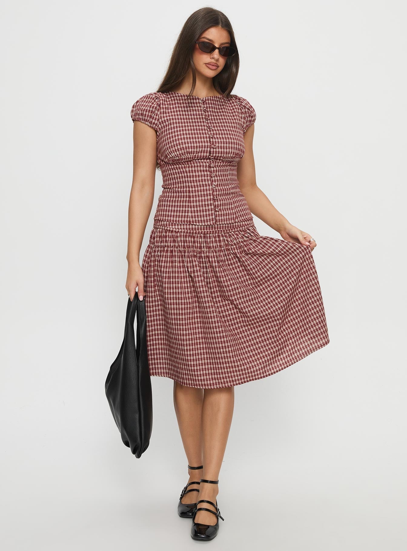 Alixandra Ruched Midi Skirt Red Check