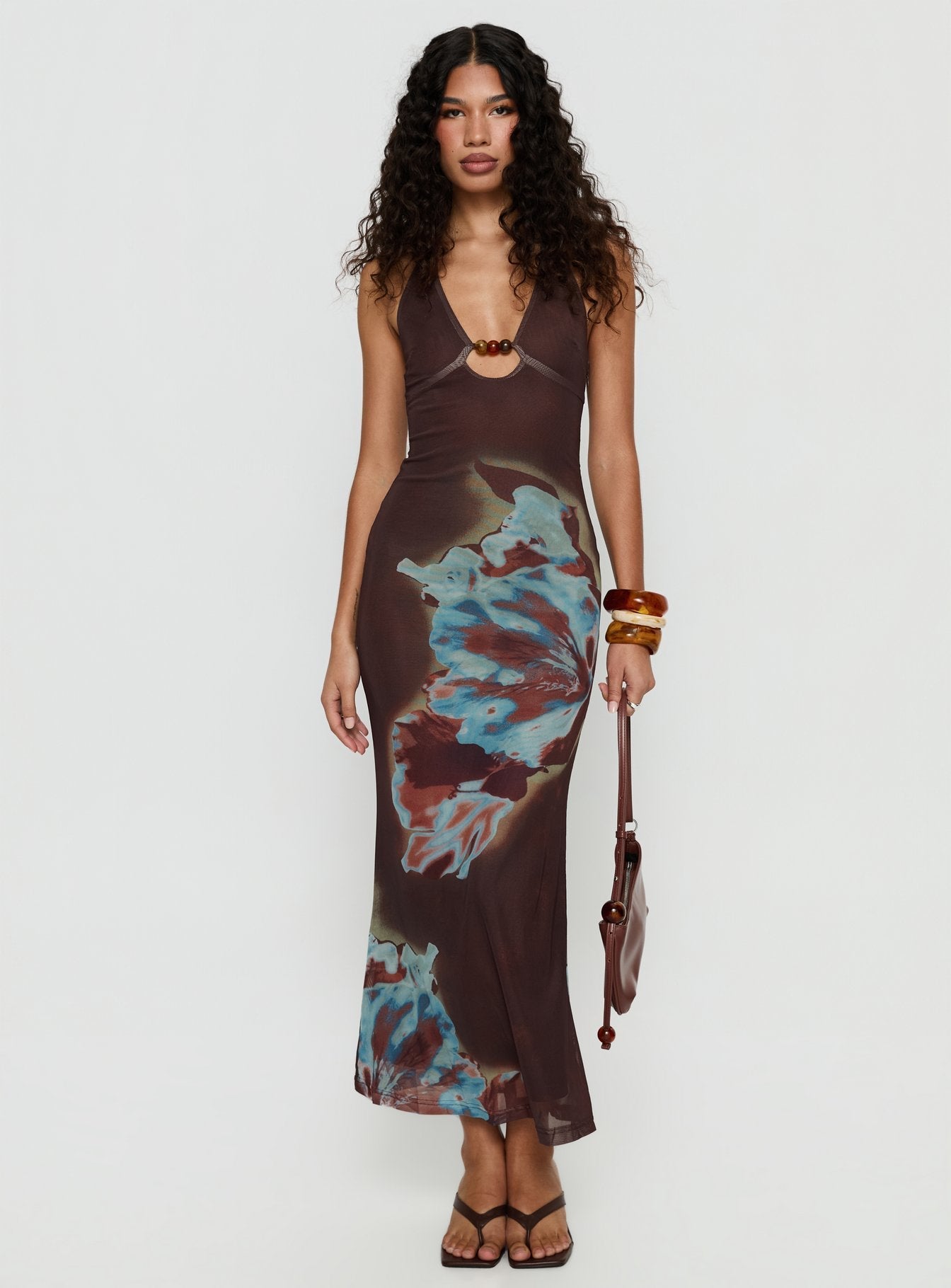 Maritsa Halter Beaded Maxi Dress Brown Floral