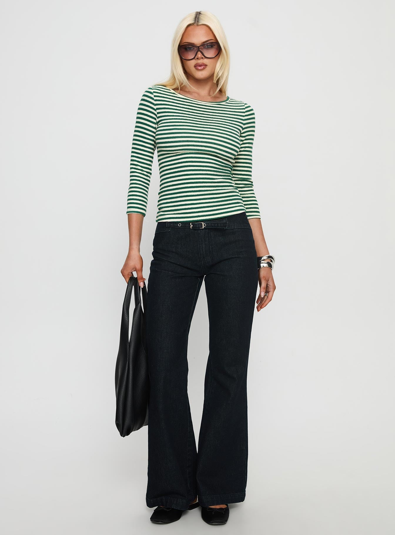 Missouri 3/4 Sleeve Textured Top Green Stripe