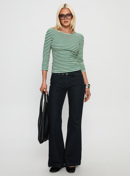 Missouri 3/4 Sleeve Textured Top Green Stripe