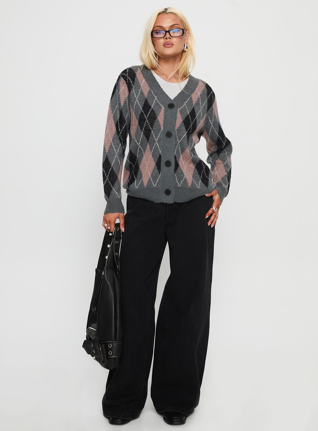 Zeeva Button Through Knit Cardigan Grey Argyle