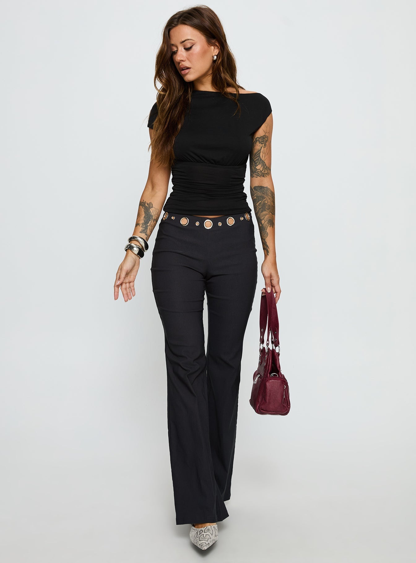 True Grit Eyelet Flare Pants Grey