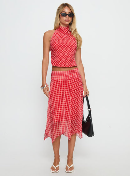 Scenic Route Asymmetrical Midi Skirt Red Check