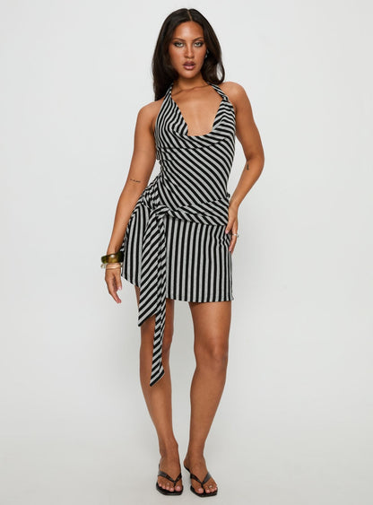 Terika Plunge Neck Halter Mini Dress Grey / Black