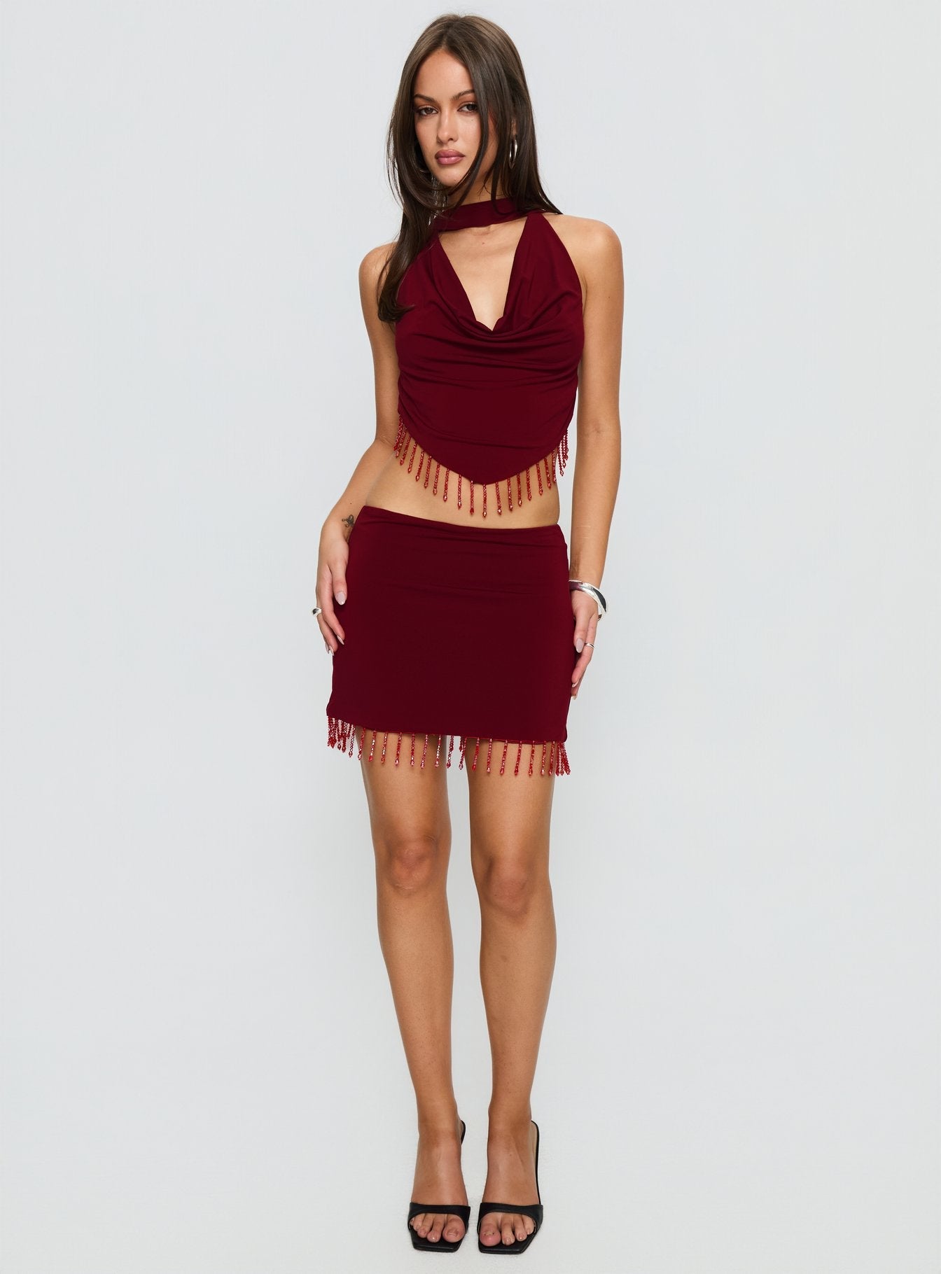 Ginah Bead Tassel Mini Skirt Red
