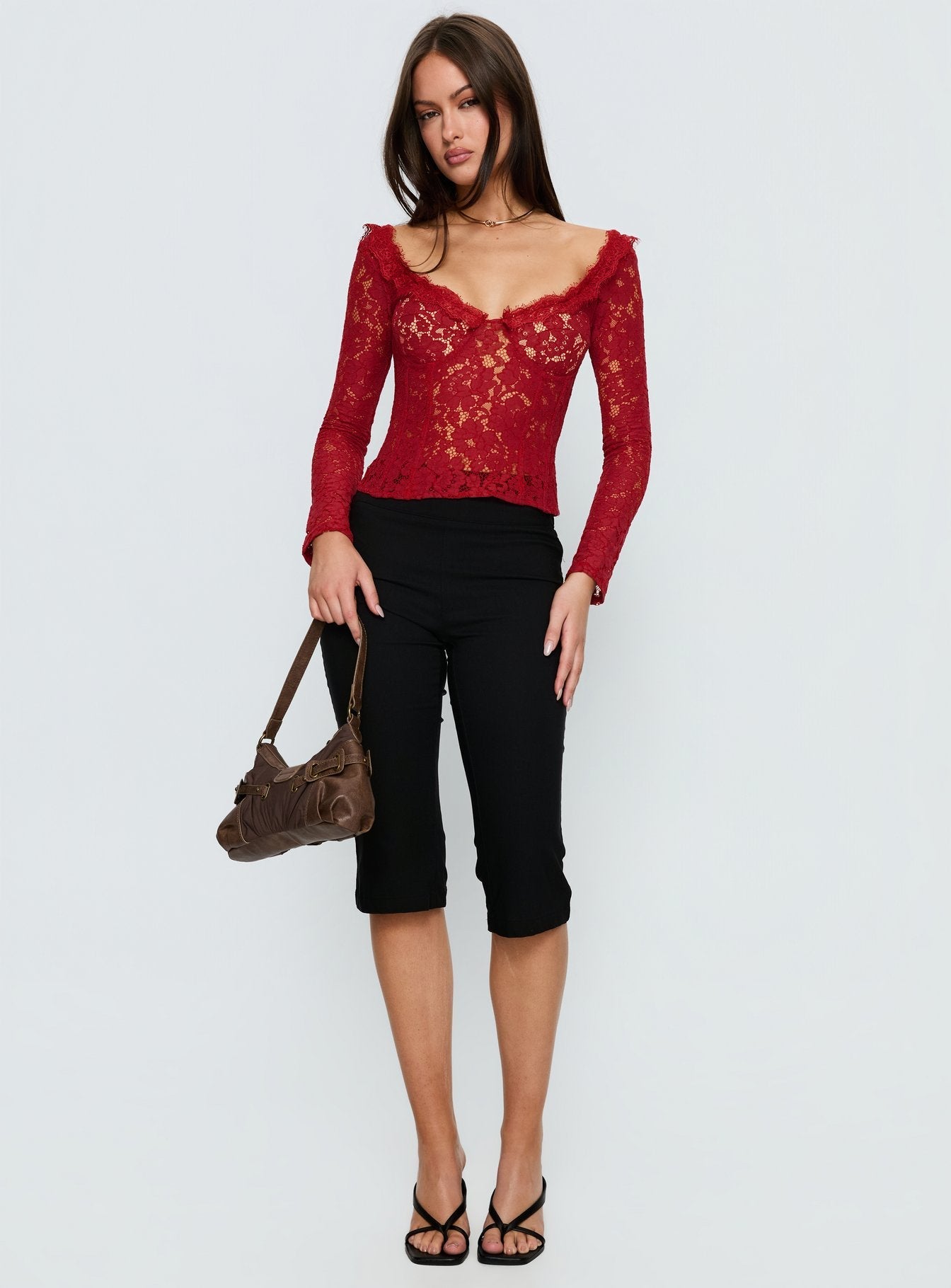 Miquela Long Sleeve Corset Lace Top Red