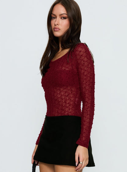 Harly Sheer Long Sleeve Bodysuit Red