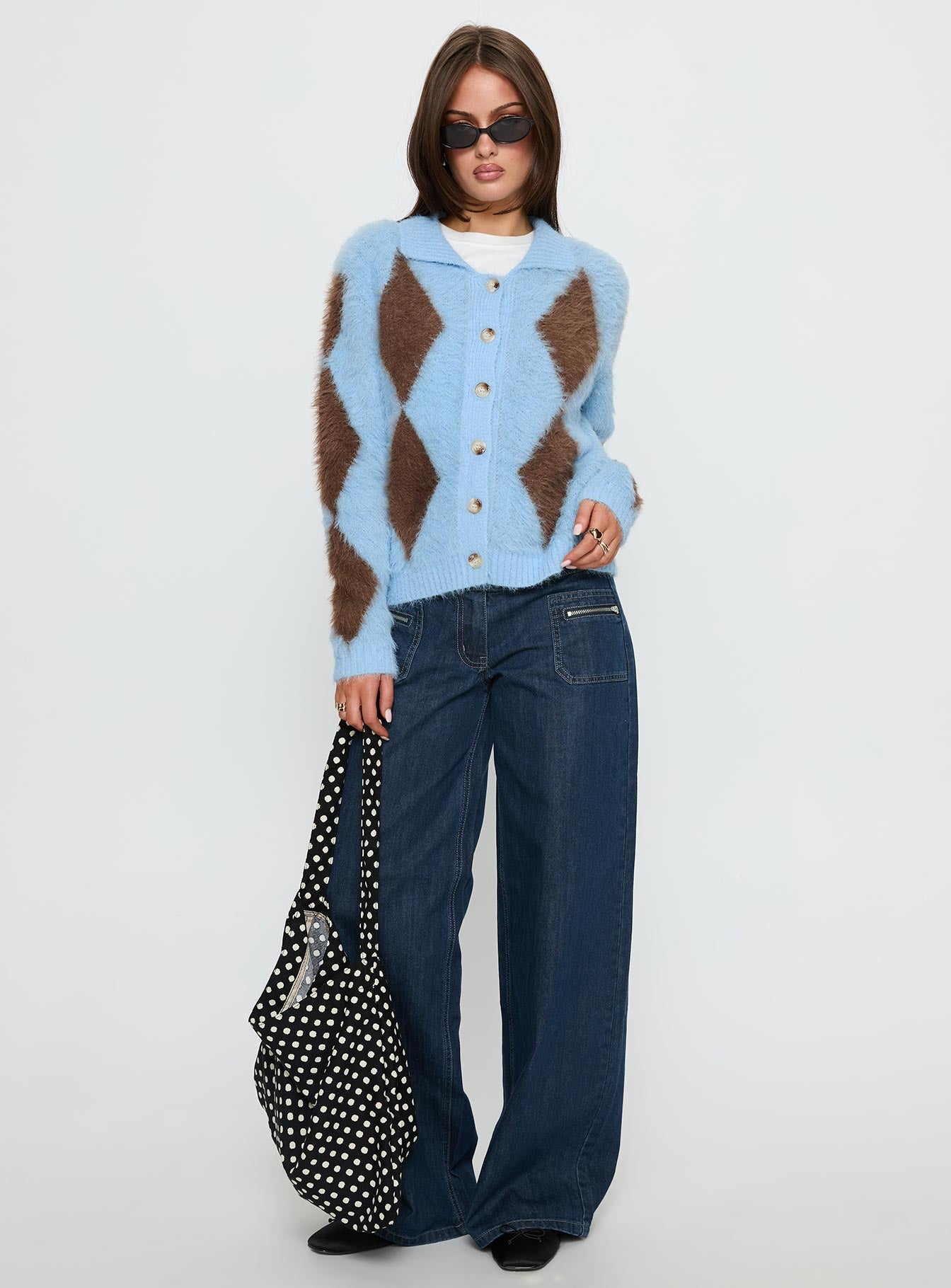 Lynnsey Fluffy Collared Knit Sweater Blue Argyle