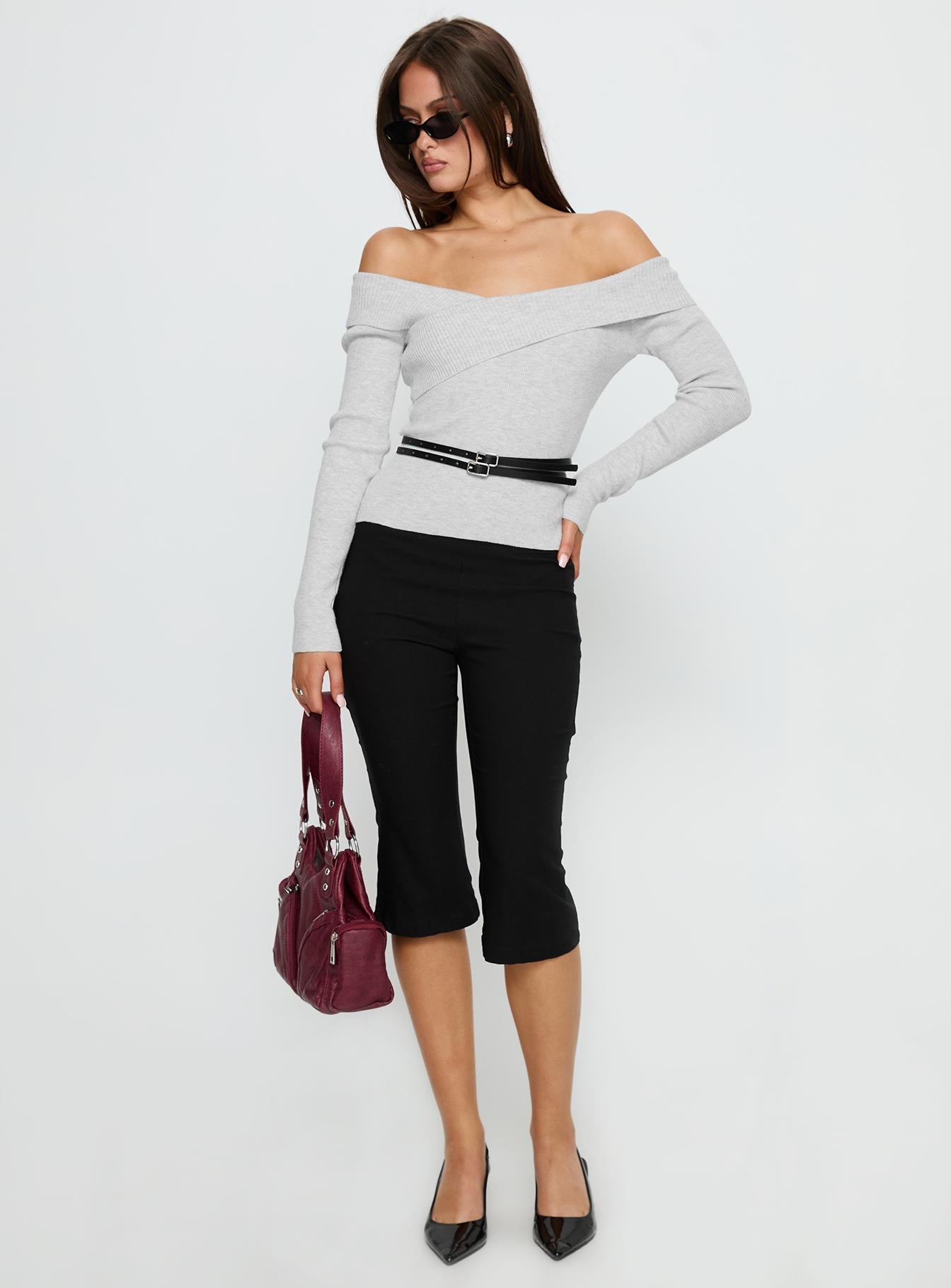 Ellenore Belt Detail Off Shoulder Top Grey