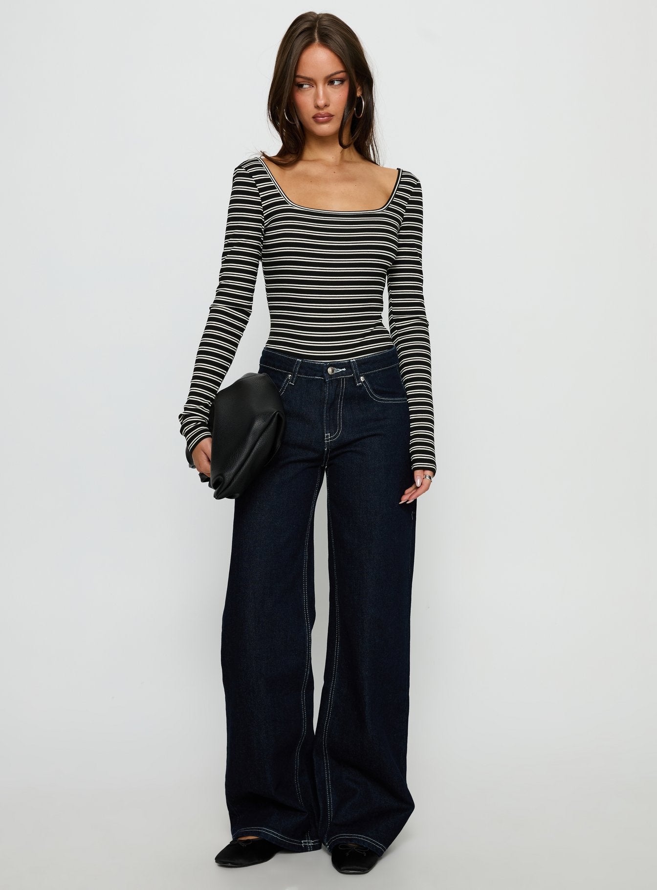 Donica Square Neck Long Sleeve Bodysuit Grey Stripe