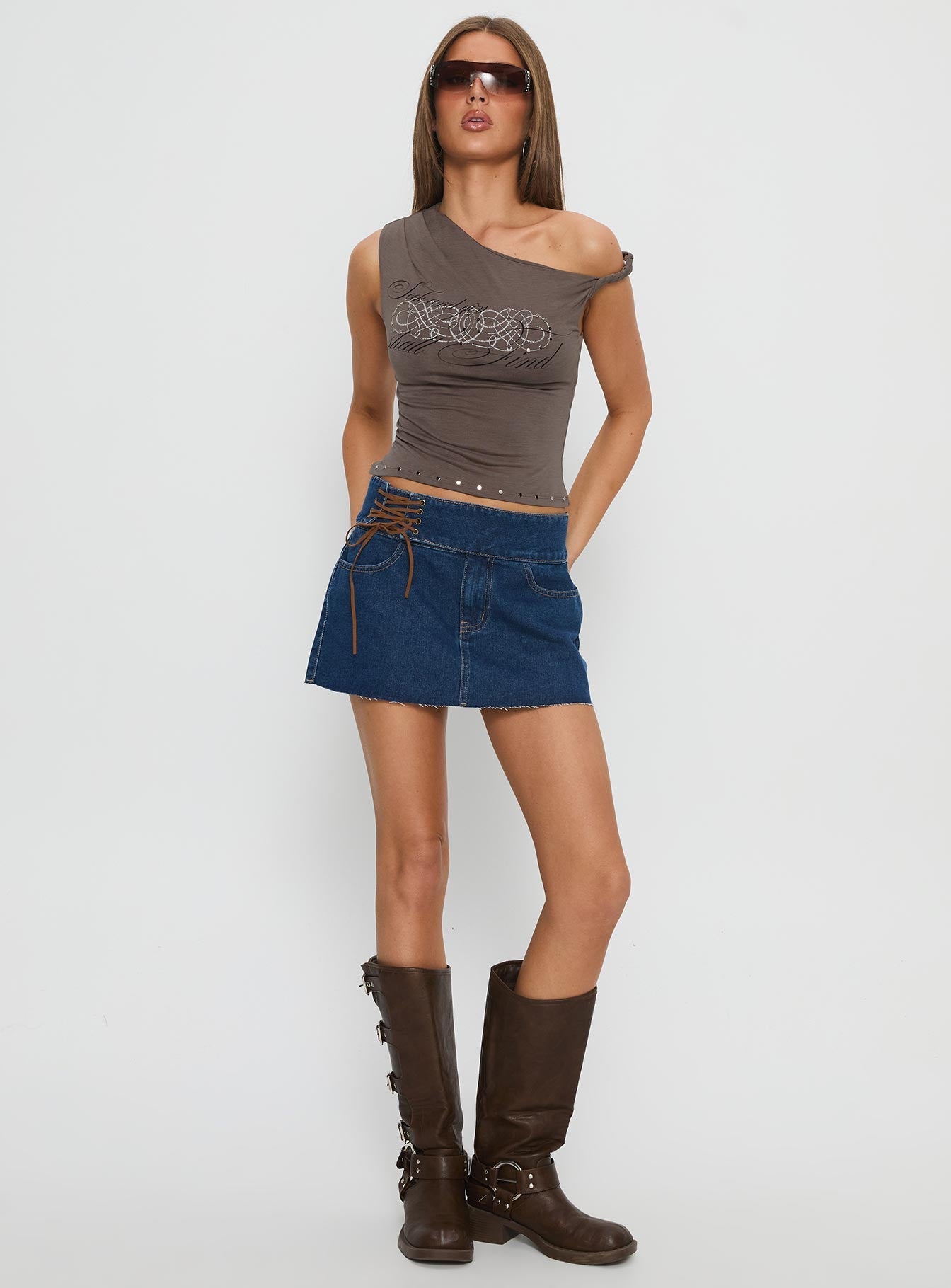 Indie Tie Up Mini Skirt Mid Wash