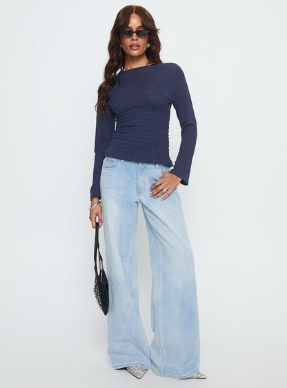Bradly Shirred Long Sleeve Top Navy