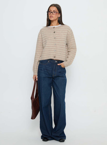 Raynna Button Up Cardigan Beige Stripe