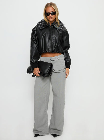 Koemi Faux Leather Collared Jacket Black