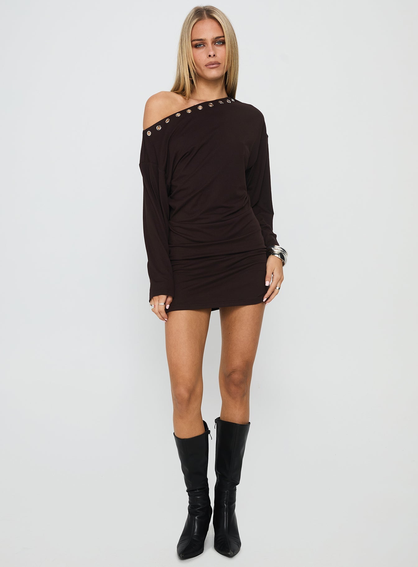 Sakaia Long Sleeve Eyelet Mini Dress Brown