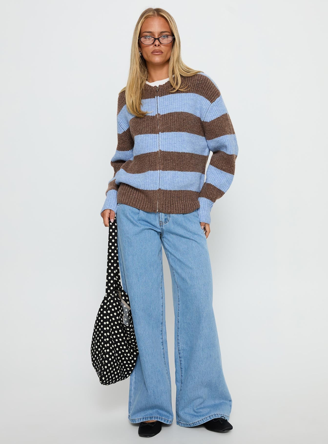 Queena Zip Through Knit Sweater Blue Stripe