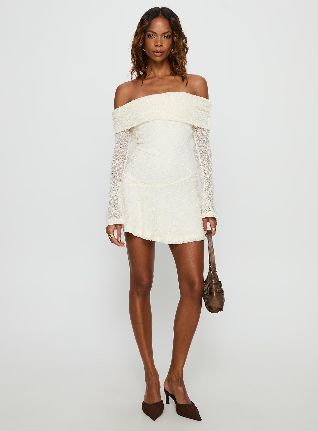 Ivee Off Shoulder Long Sleeve Mini Dress Cream