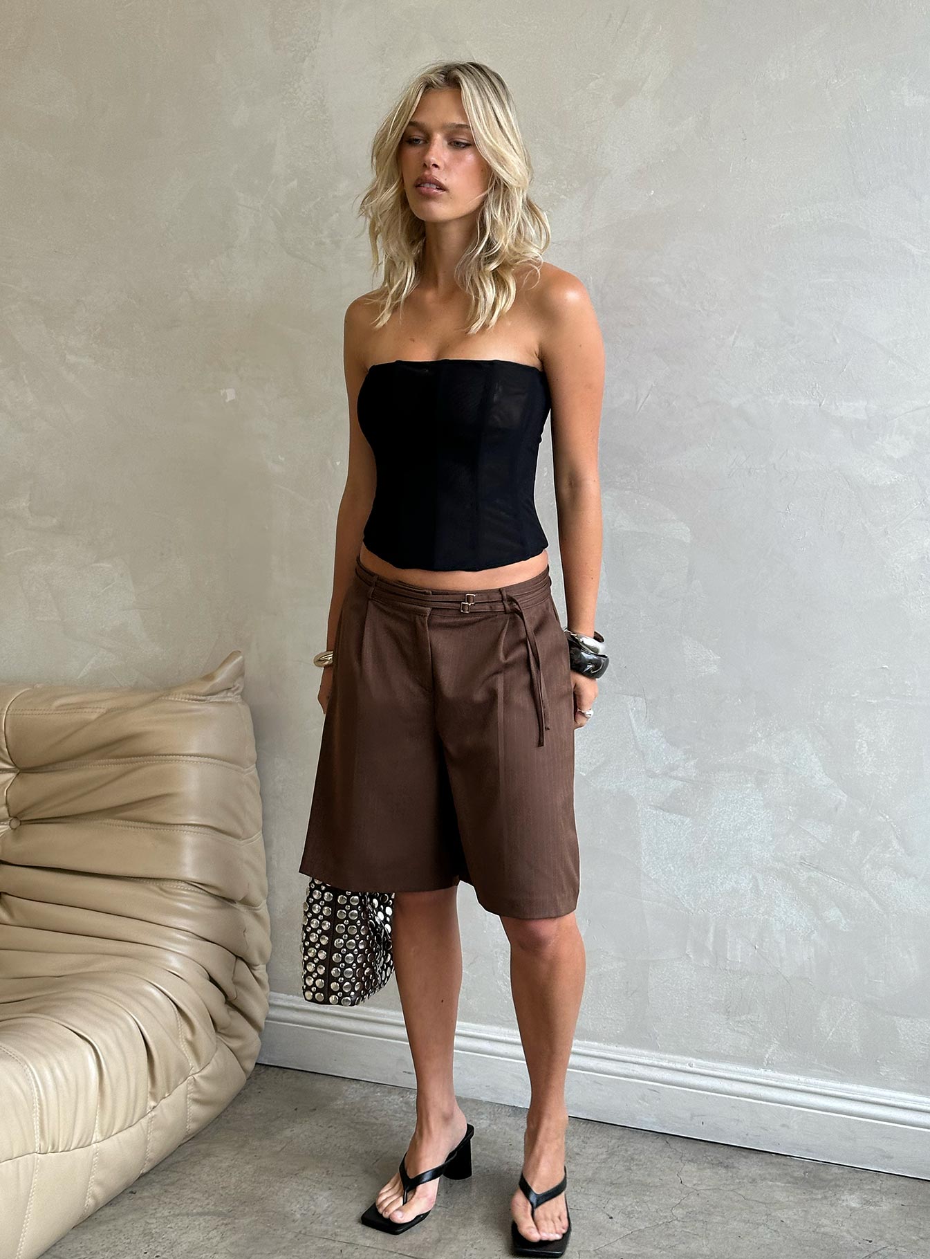 Lorina Tailored Longline Shorts Brown Pinstripe