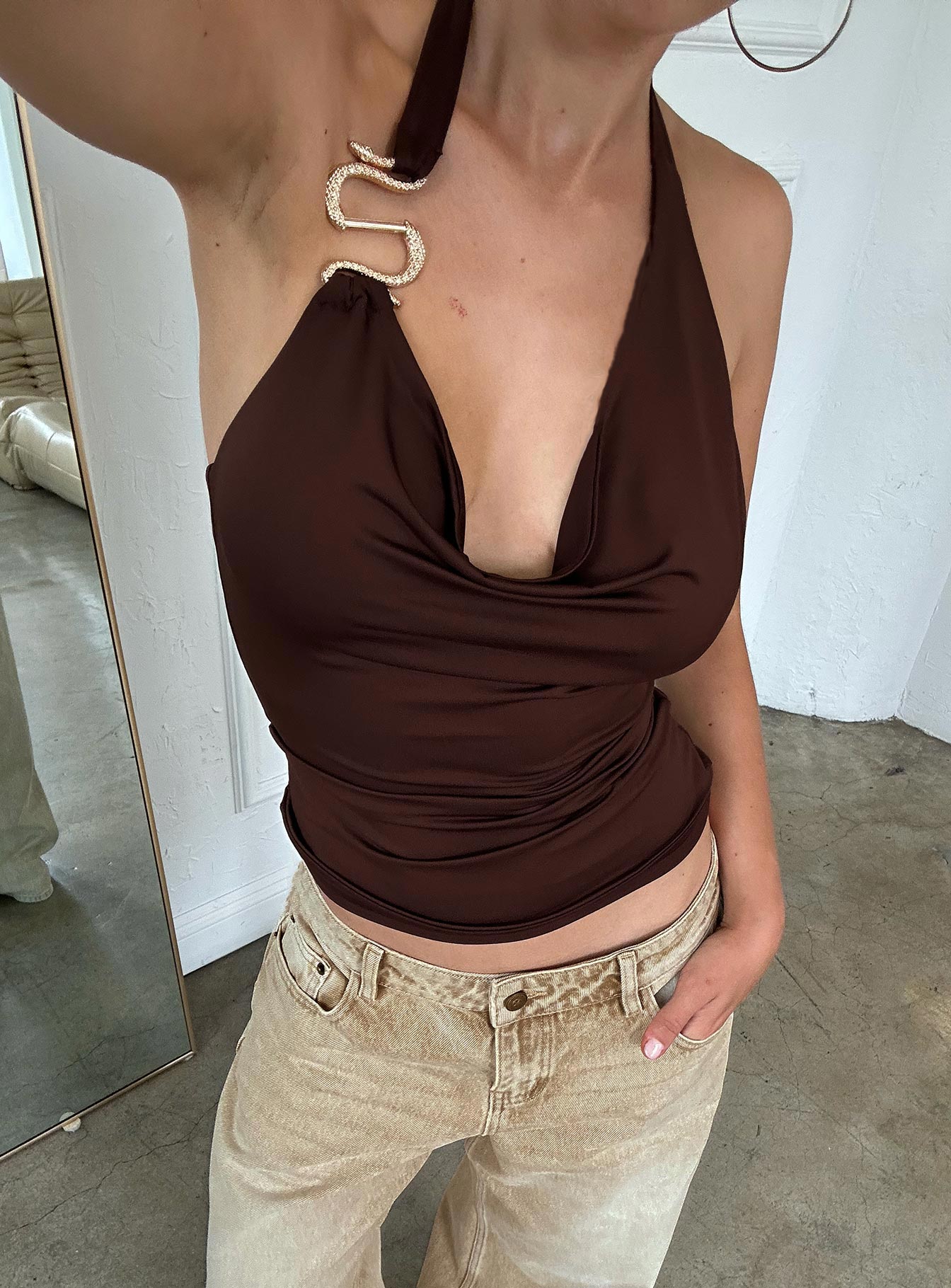 Yazmeen Cowl Neck Hardware Detail Top Chocolate