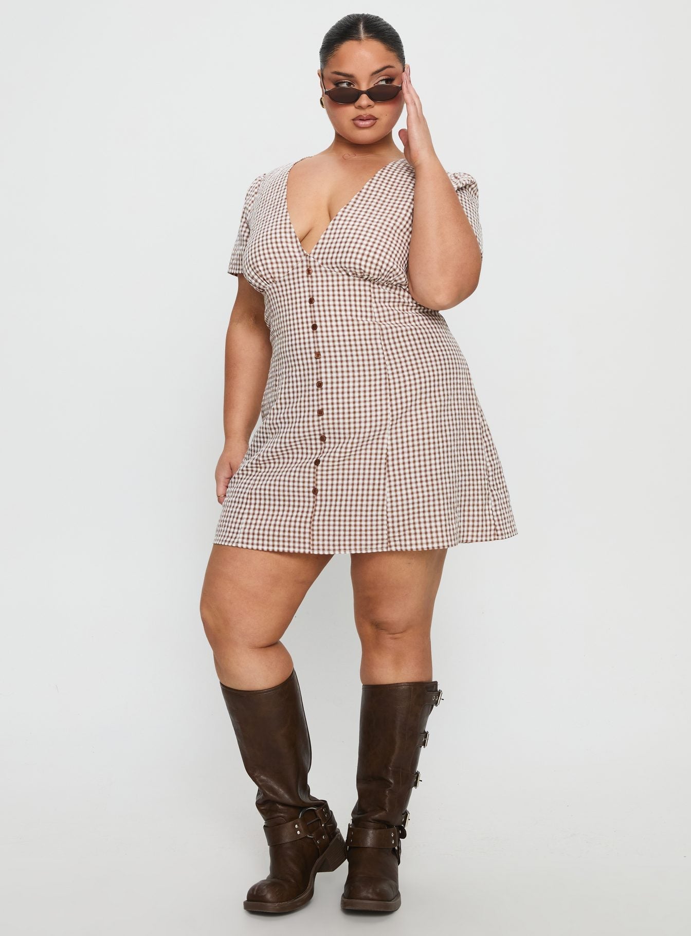 Loveliness Playsuit Brown Check Curve