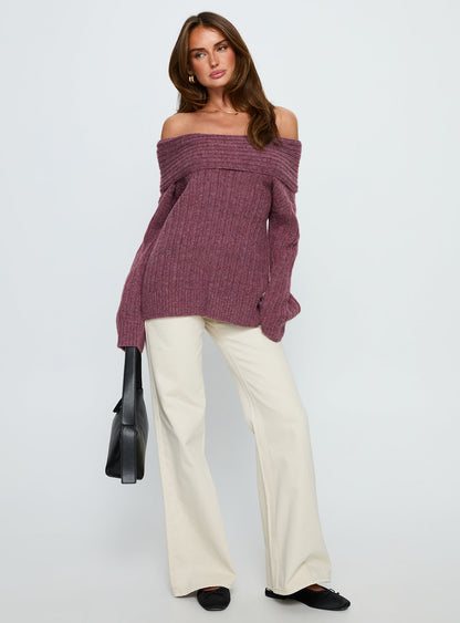 Snowie Off Shoulder Knit Sweater Burgundy