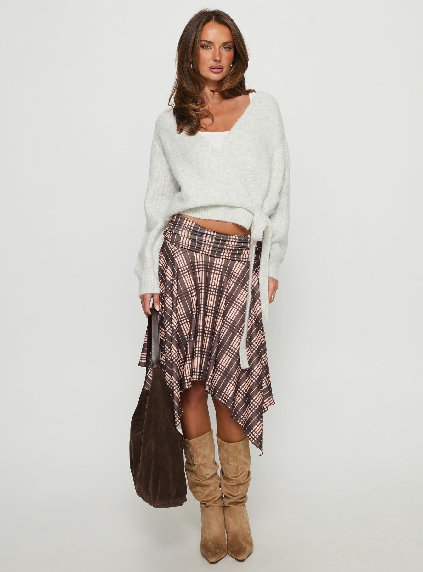 Scholar Asymmetrical Midi Skirt Brown Check