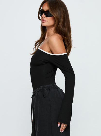 Andrielle One Shoulder Long Sleeve Bodysuit Black / White