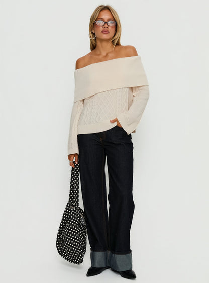 Margarete Off Shoulder Knit Sweater Cream