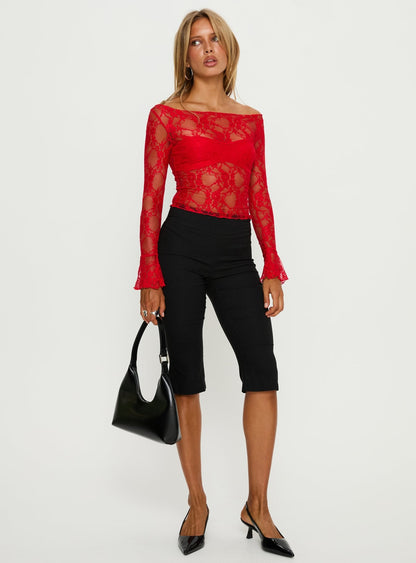 Junah Sheer Lace Long Sleeve Top Red