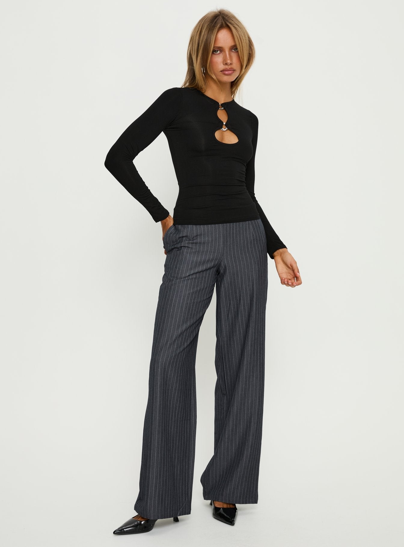 Khane Low Rise Wide Leg Pant Charcoal Pinstripe