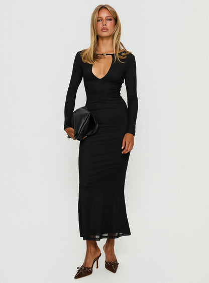 Adesa Long Sleeve Keyhole Plunge Maxi Dress Black