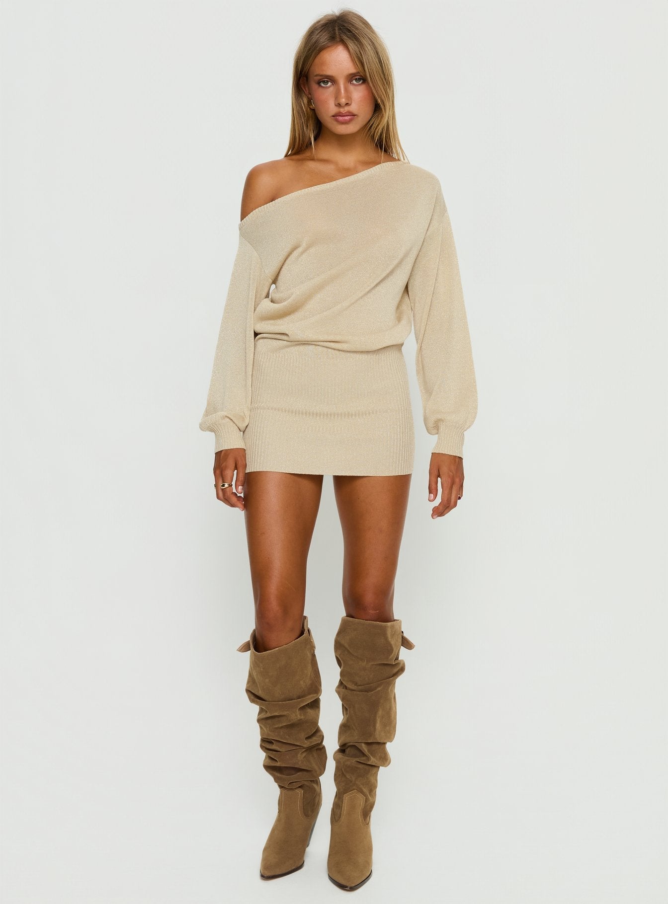 Johannah Off Shoulder Long Sleeve Knit Mini Dress Gold