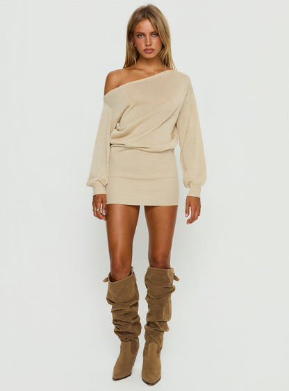 Johannah Off Shoulder Long Sleeve Knit Mini Dress Gold