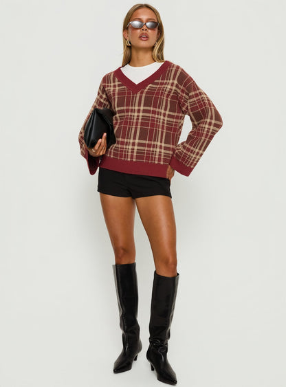 Sydda V Neck Knit Sweater Red Plaid