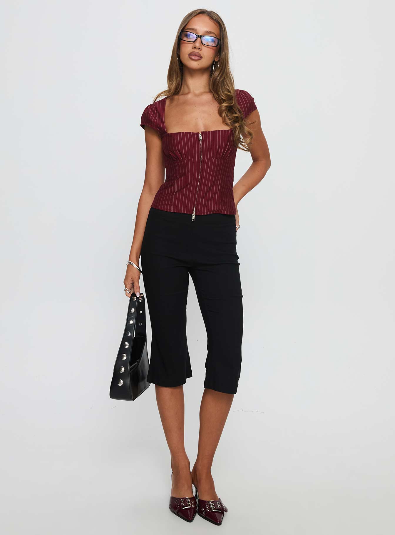 Santa Cruz Zip Through Top Burgundy Pinstripe