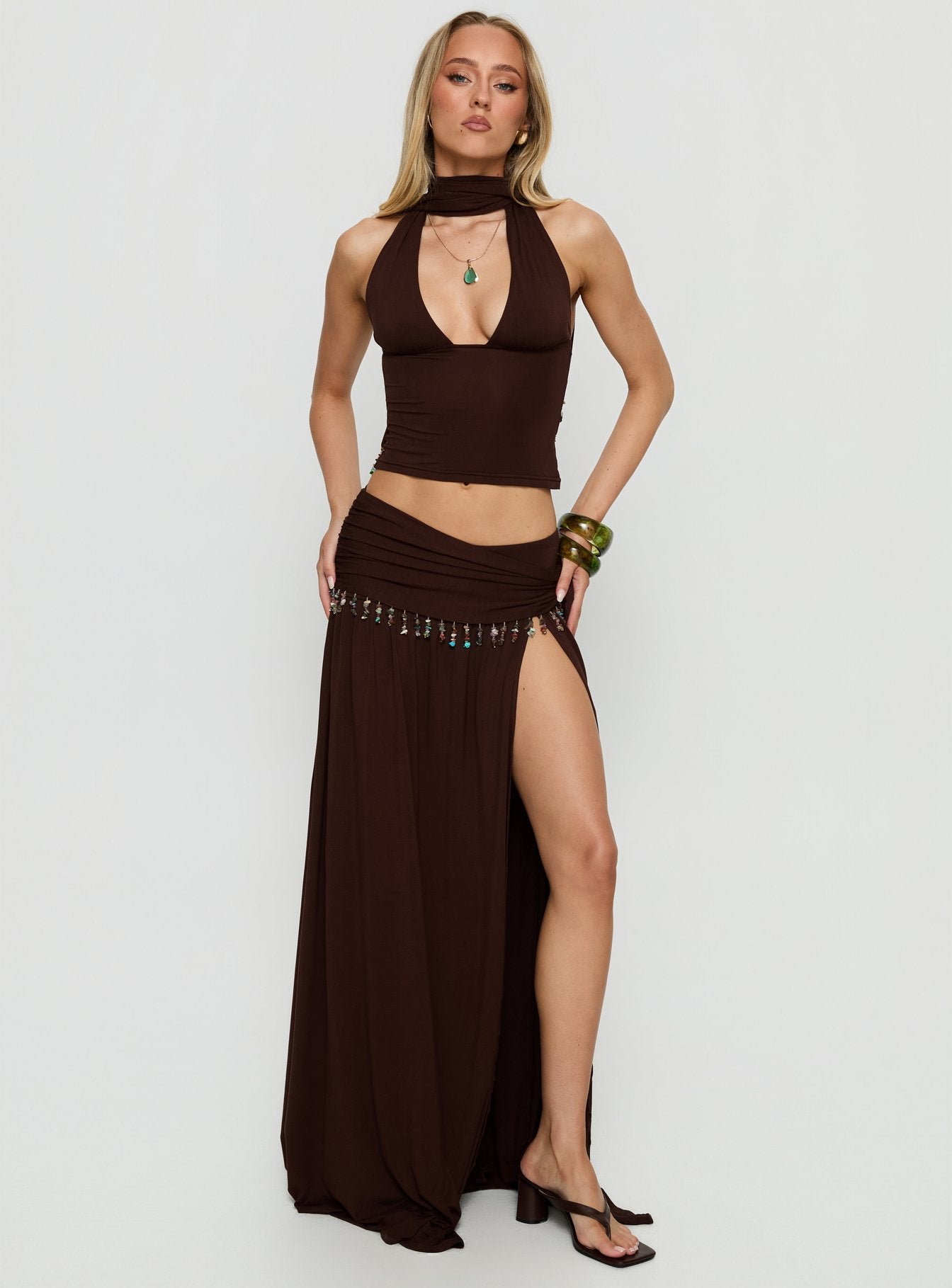 Spirita Beaded Sarong Maxi Skirt Brown