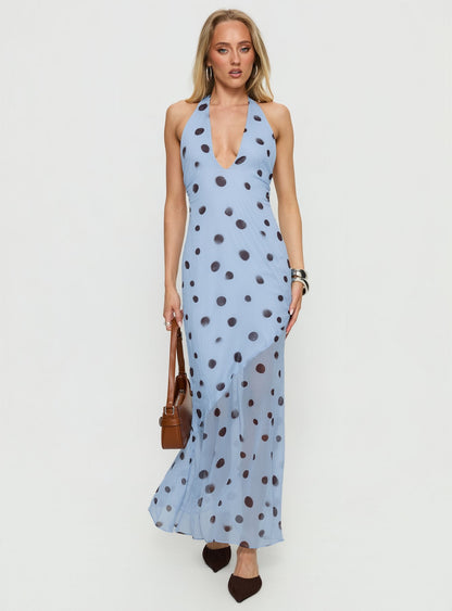 Oralee Halter Sheer Maxi Dress Blue / Polka Dot